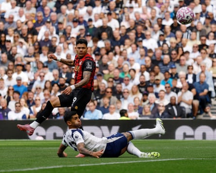 Bournemouth’s Evanilson scores against Tottenham.