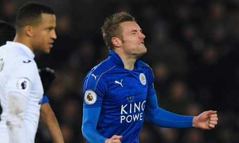 Jamie Vardy of Leicester City reacts after a missed chance against Swansea