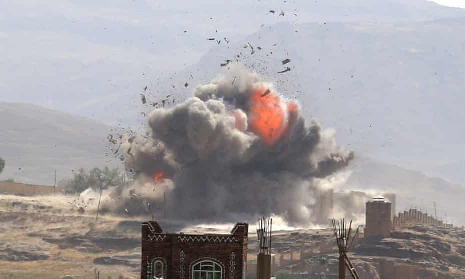 An explosion from an aerial bombardment near Sana'a in Yemen