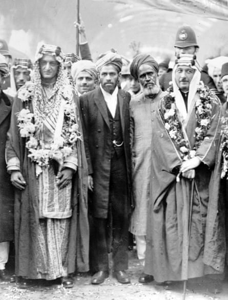 Crown Prince of Saudi Arabia, Faisal bin Adbulaziz al Saud (to left), later Monarch or King of Saudi Arabia, on a visit to London to visit the Fazi Mosque in 1935.
