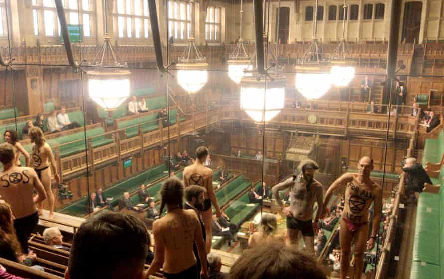 An Extinction Rebellion climate protest in the House of Commons public gallery in April 2019.