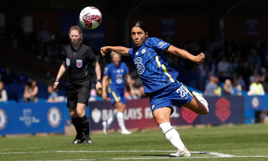 Sam Kerr prepares to volley one her two audacious goals in the final-day win over Manchester United that sealed the title