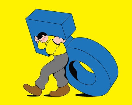 Illustration of a man struggling under the weight of a giant male symbol