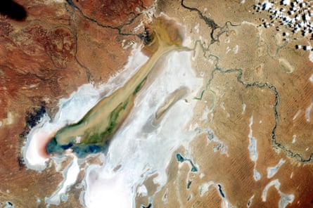 The lake in a shot taken from the International Space Station in 2017, after heavy rains filled rivers which washed into the usually dry salt bed.