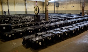 Election precinct suitcases containing ballots, election materials and keys to voting machines are held under guard by the Allegheny County Police at the Allegheny County elections warehouse on November 4, 2020 in Pittsburgh, Pennsylvania.