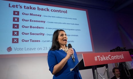 Priti Patel speaking at a Vote Leave rally before the EU referendum.