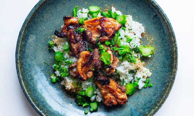 Yuzu chicken, broccoli and rice.