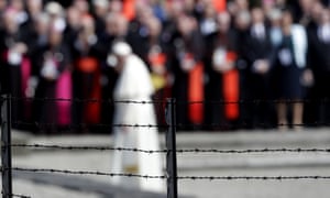 The pope prays at Auschwitz-Birkenau memorial