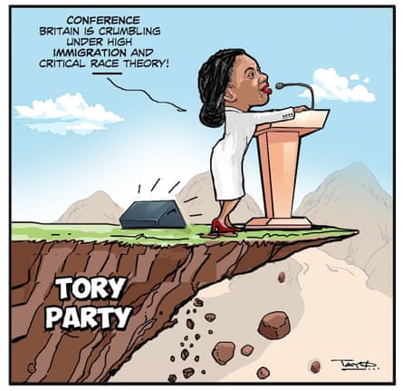 Kemi Badenoch blames immigration and critical race theory for Britain’s issues but this cartoon shows the ground crumbling beneath her.