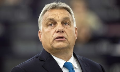 Viktor Orbán delivers his speech at the European parliament in Strasbourg on Tuesday.