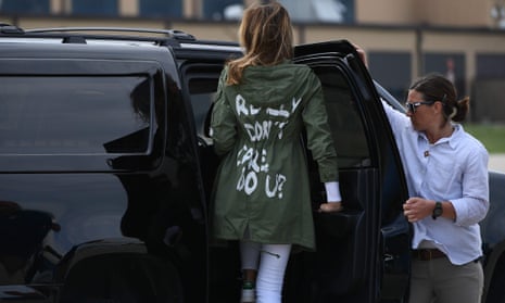 US-POLITICS-IMMIGRATION-MIGRANTS-MELANIA-JACKET<br>US First Lady Melania Trump departs Andrews Air Rorce Base in Maryland June 21, 2018 wearing a jacket emblazoned with the words "I really don't care, do you?" following her surprise visit with child migrants on the US-Mexico border.  / AFP PHOTO / MANDEL NGANMANDEL NGAN/AFP/Getty Images