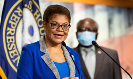 Karen Bass speaks at a press conference about proposed legislation to remove Confederate statues from the US capitol.