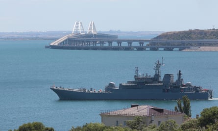 A Russian military landing ship, which now transports cars and people between Crimea and Taman because the Crimean Bridge connecting Russian mainland and Crimean peninsula over the Kerch Strait is closed.