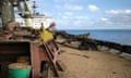 A damaged civilian cargo vessel, carrying wheat grain to Egypt, which was hit by a Russian missile strike after it left Ukrainian maritime border in the Black Sea.