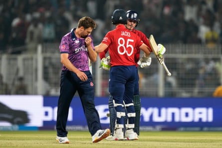 Scotland's Bradley Wheal walks past Will Jacks and Tom Banton after England’s victory