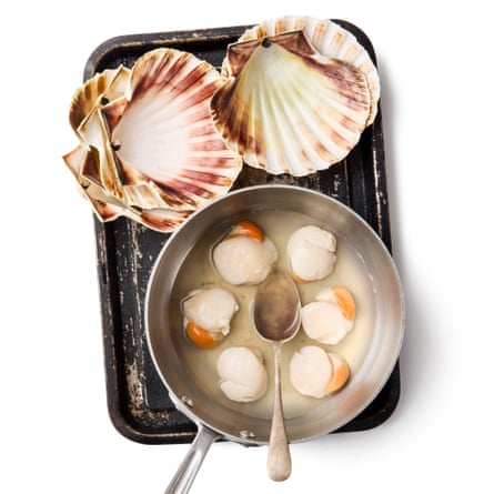 Felicity Cloake’s scallop St Jacques 04a 4 Poach the scallops Add the wine to the pan (dry sherry or white vermouth will also work; or, to keep it things alcohol-free, use a dilute fish stock with a squeeze of lemon juice at the end) to the pan and bring to a simmer. Add the scallop meat and, poach for 2-3 two or three minutes, depending on their thickness, and turning once, until they turn white, turning once, then scoop out and set aside on to a plate.
