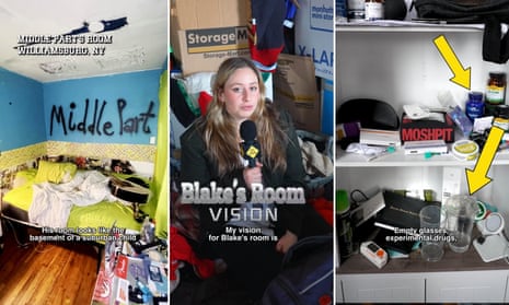 three panels: the first shows a room with the words ‘middle part’ painted in the background and a guitar and other messy stuff on the bed, the second shows a woman holding a mic amid a mess of clothes and boxes, with the subtitle ‘my vision for blake’s room is’, and the third shows messy shelves with arrows superimposed and a subtitle saying ‘empty glasses, experimental drugs’