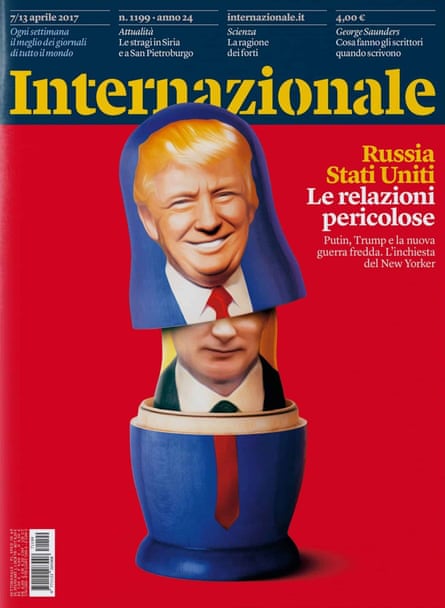 A Trump Russian doll being opened to show Putin’s smirk inside on the cover of a magazine.