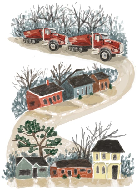 Illustration of trucks driving down winding path, past several houses. 