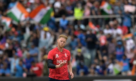 England's Ben Stokes reacts after his first delivery.