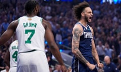Dallas Mavericks center Dereck Lively celebrates in the first quarter of his team’s Game 3 against the Boston Celtics in the NBA finals