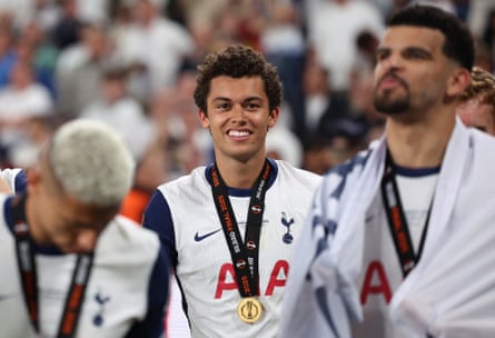 Tottenham Hotspur’s Brennan Johnson celebrates after winning the Europa League.