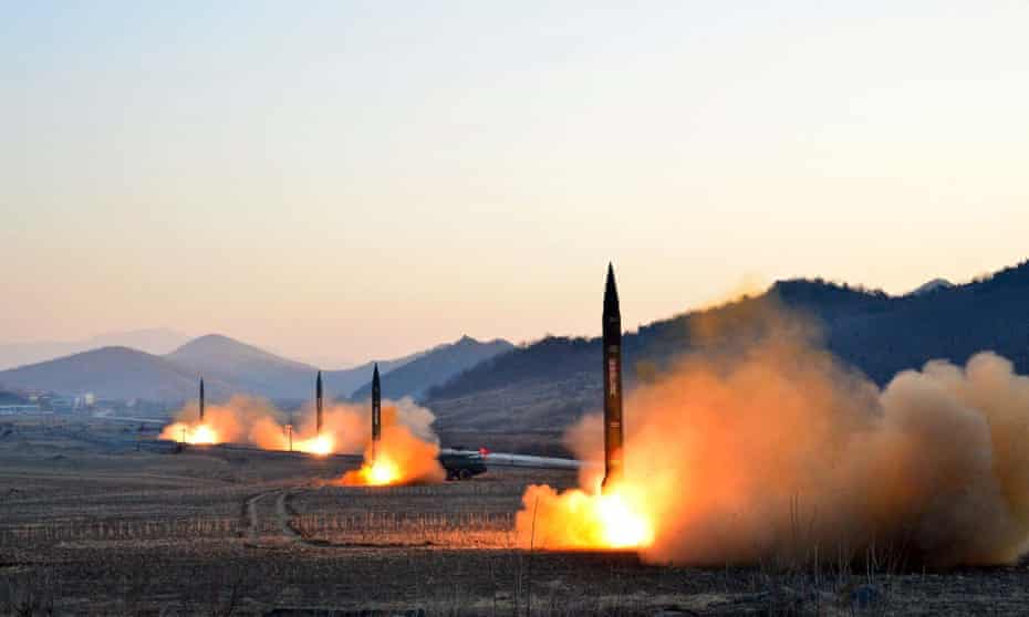 Images released by North Korea’s Central News Agency of the 6 March launch of four ballistic missiles. 