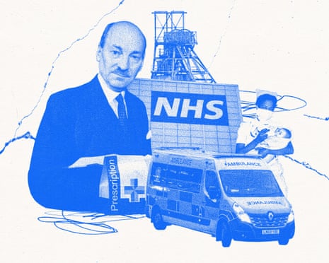 A collage in blue shows Clement Attlee, NHS building, mining tower, ambulances, and prescription items