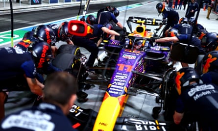 Red Bull’s pit lane engineers attend to Sergio Perez's car in Las Vegas