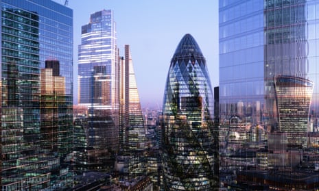 a multiple exposure, elevated view of high rise financial buildings in the City of London illuminated at dusk