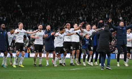Derby players celebrate at full-time after the League One match against Bolton at Pride Park on 16 March 2024