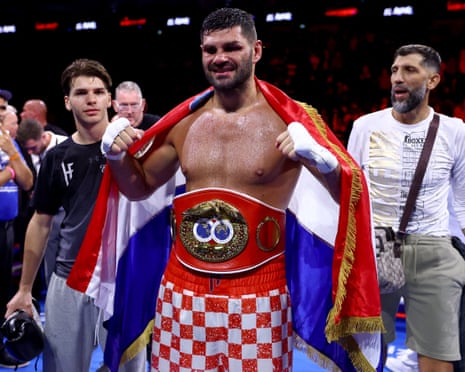 Filip Hrgovic poses after winning the IBF world heavyweight title against Moses Itauma.