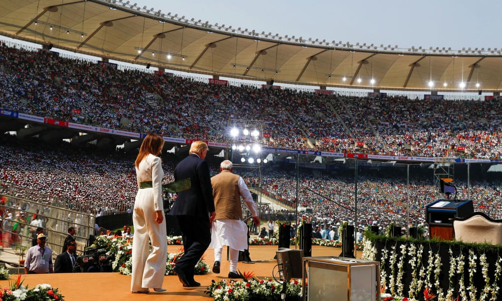 US president, Donald Trump, first lady, Melania Trump, and Indian prime minister, Narendra Modi, at Sardar Patel Gujarat Stadium in Ahmedabad. Photograph: Alexander Drago/Reuters US president, Donald Trump, first lady, Melania Trump, and Indian prime minister, Narendra Modi, at Sardar Patel Gujarat Stadium in Ahmedabad.