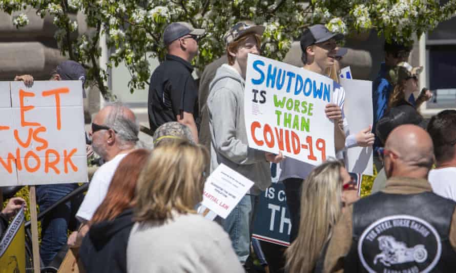 A protest in Boise against Governor Brad Little’s stay-at-home order in April last year.