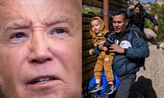 a side-by-side image of Joe Biden speaking and migrants crossing into the US