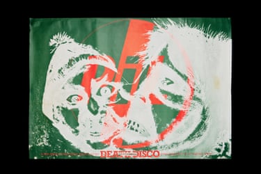 Public Image Limited, poster for Death Disco single, Virgin 1979The grimacing puppet-like heads, overprinted with the pill-shaped PiL logo, were drawn by John Lydon, ex-Pistol and singer in Public Image Limited, a key post-punk band formed with Jah Wobble and Keith Levene. The song, a tribute to Lydon’s dying mother, was performed in semi-darkness on Top of the Pops with a banshee-like wail, a throbbing bass line and a guitar part stolen from Swan Lake.