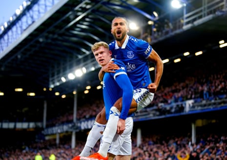 Everton’s Jarrad Branthwaite (left) celebrates with team-mate Dominic Calvert-Lewin after scoring their side’s first goal of the game against Liverpool.