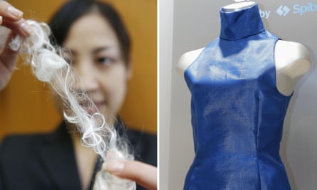 A strand of artificially produced 'spider silk' and a dress made from synthesised silk.