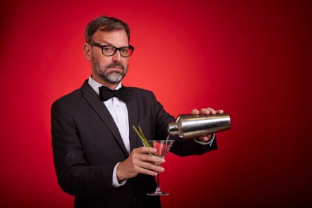 Tim Dowling makes a dirty Martini. London. Photograph by David Levene 7/8/23