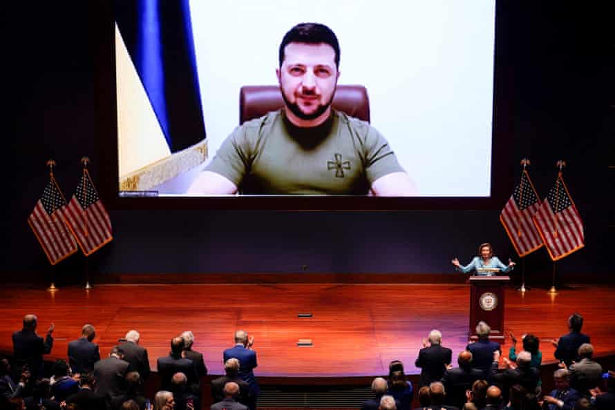 The House speaker, Nancy Pelosi, speaks before Volodymyr Zelenskiy delivers a video address to Congress.