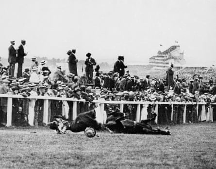 Emily Davison is fatally injured as she tries to stop the king’s horse on Derby Day, to draw attention to the women’s suffragette movement.  