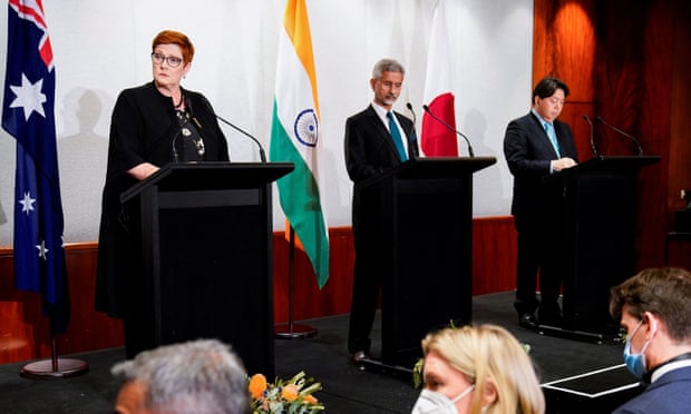 Australian foreign minister, Marise Payne, Indian foreign minister, Dr S. Jaishankar, and Japanese foreign minister, Yoshimasa Hayashi, during a press conference of the Quad foreign ministers in Melbourne, Australia, 11 February 2022
