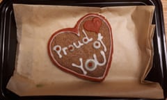 A heart-shaped biscuit with the message 'Proud of you', baked by Jordan Gray's wife.