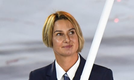 Sofia Bekatorou leads her delegation during the opening ceremony of the Rio 2016 Olympics