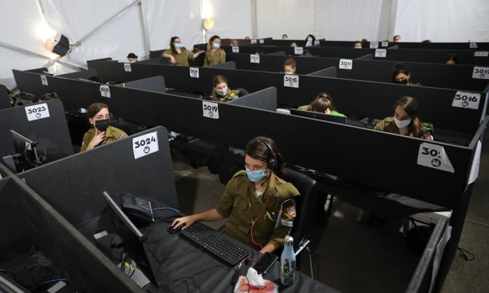 Israeli soldiers in the central national control room headquarters of the Home Front Command dealing with Covid-19 in the city of Ramla near Tel Aviv, 08 October 2020.