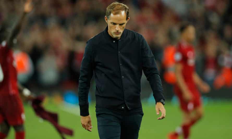 Thomas Tuchel trudges off at Anfield after watching his PSG side be beaten 3-2 by Liverpool in their Group C Champions League opener.