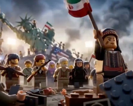 A clip from an AI-generated Lego video, showing Iranians toppling the Statue of Liberty