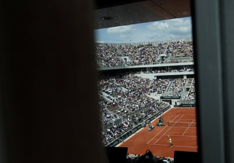 A genral view of the new built Court Philippe Chatrier as Rafael Nadal of Spain serves.
