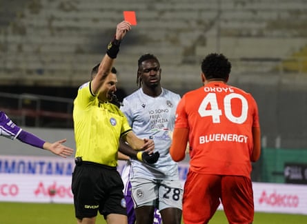 A red card for Udinese goalkeeper Maduka Okoye.