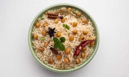 Tasty Spicy Chana Pulao or Pulav or pilaf cooked with Basmati Rice and Chickpeas